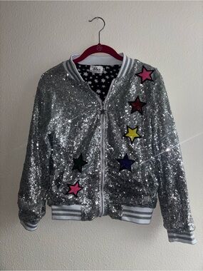Lola + The Boys Silver Sequin Bomber Jacket with Colorful Stars, Unicorn on back